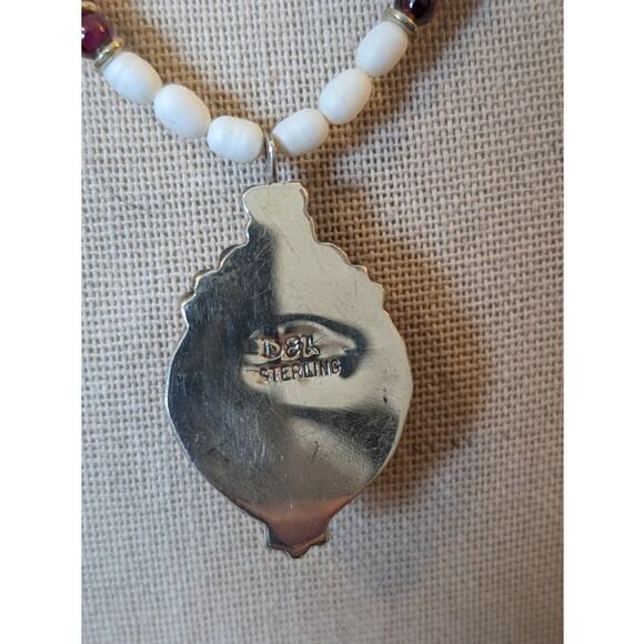 DEL Sterling Amber Heart Amber Garnet Freshwater Pearl Pendant Necklace - Picture 3 of 12